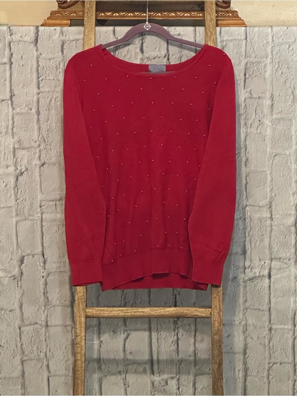 Laura Scott Red Crewneck Sweater with Rhinestone Dots